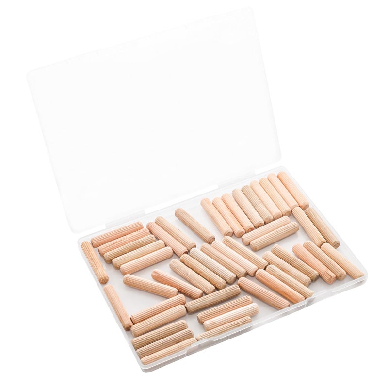Adyoney 48Pcs 10mm x 50mm / 2/5 Inch x 1.97 Inch Wooden Dowel Pin Fluted Beveled Ends Wooden Pegs Support Shelves - Image 1